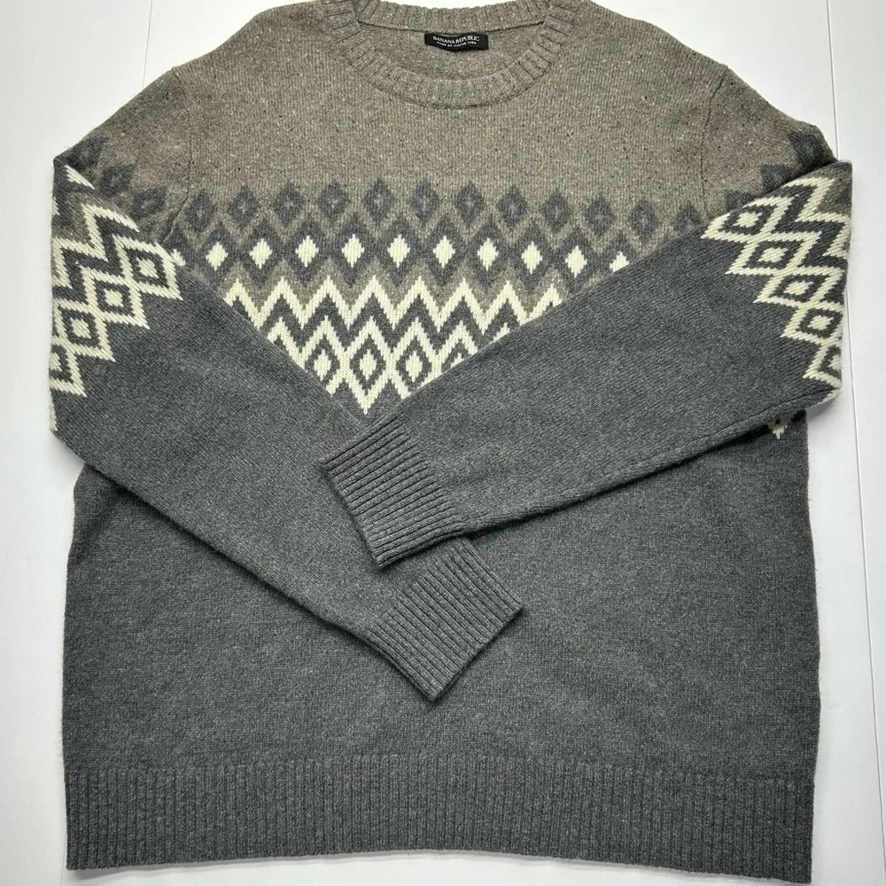 Banana Republic Gray/ Brown Crewneck Sweater Italian Yarn Wool Blend Fairisle